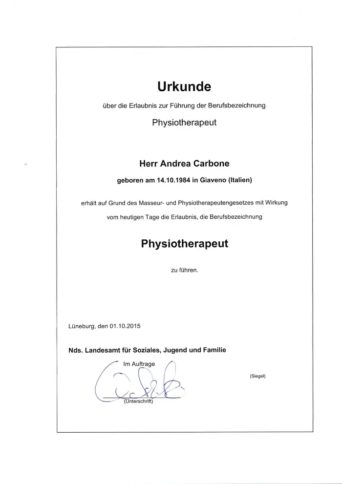 Urkunde Physiotherapeut